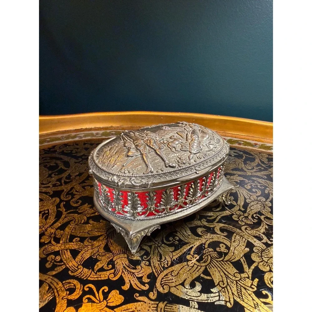 Vintage Metal‎ Jewelry Casket with Red Velvet Interior